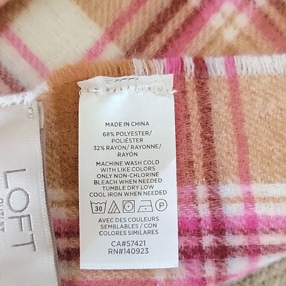 LOFT Outlet Plaid Cream Caramel Brown Pink Maroon Fringed Hem Winter Scarf - Picture 4 of 7